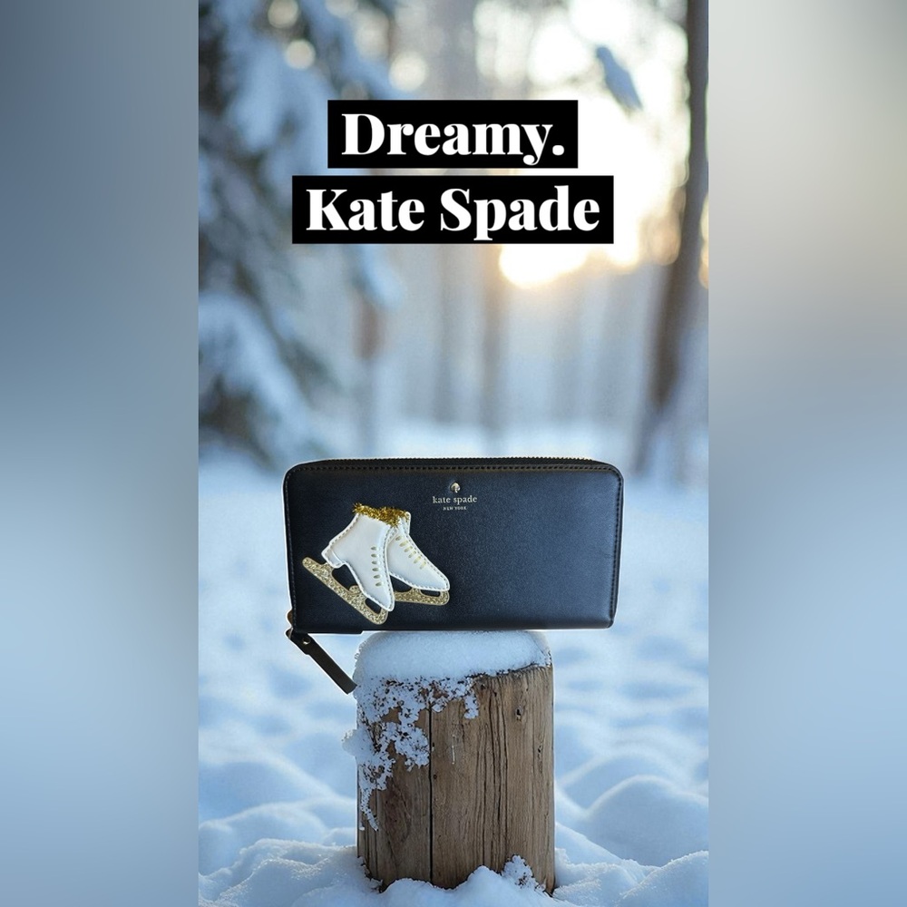 Kate Spade NYC Rockefeller Center Skating Applique Leather Zip Wallet EUC